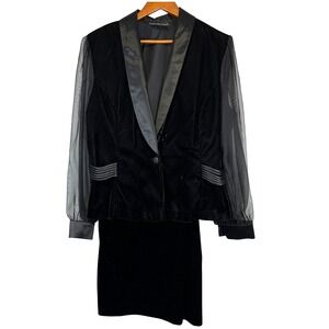 R&K Evening Vintage Glam Black Velvet Skirt Suit Sheer Mesh Sleeve Blazer Set